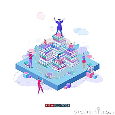 Eamwork metaphor concept. People read books and collaborate. Learning. Education. Knowledge. Ð¡ollege graduate. Vector Illustration